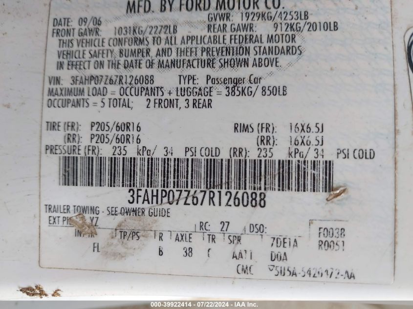 2007 Ford Fusion Se VIN: 3FAHP07Z67R126088 Lot: 39922414
