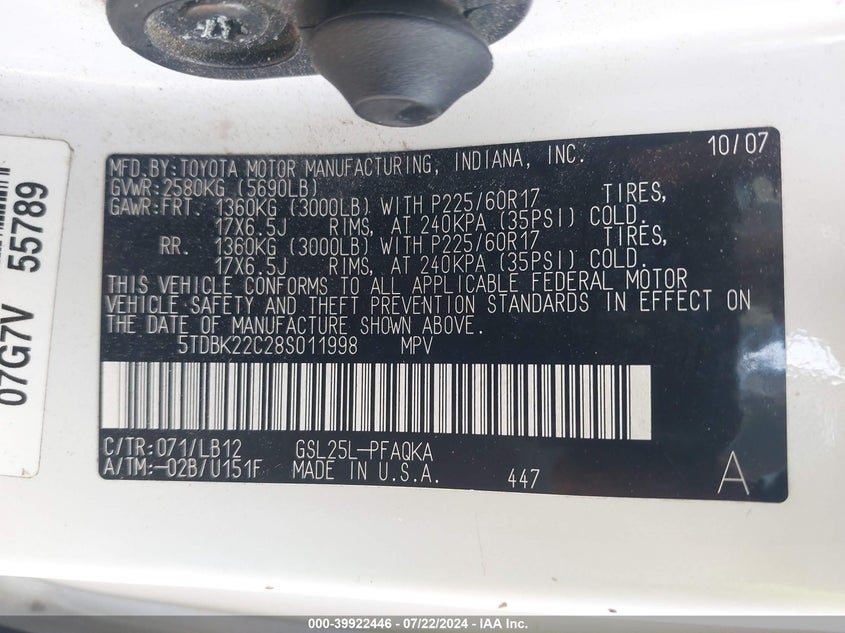 2008 Toyota Sienna Limited VIN: 5TDBK22C28S011998 Lot: 39922446