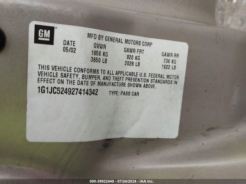 2002 Chevrolet Cavalier VIN: 1G1JC524927414342 Lot: 39922448