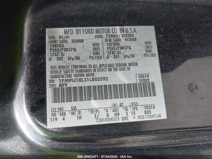 2001 Ford Expedition Eddie Bauer VIN: 1FMPU18L31LB05392 Lot: 39922471