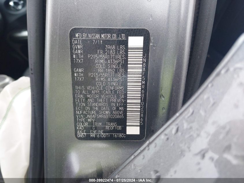 2011 Nissan Juke Sl VIN: JN8AF5MR6BT020865 Lot: 39922474