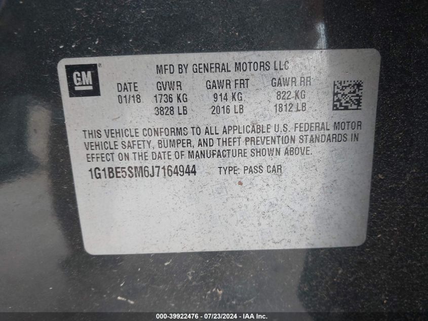 2018 CHEVROLET CRUZE LT - 1G1BE5SM6J7164944