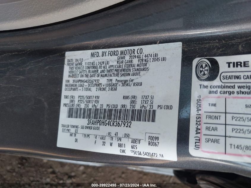 2012 Ford Fusion Se VIN: 3FAHP0HG4CR367932 Lot: 39922495