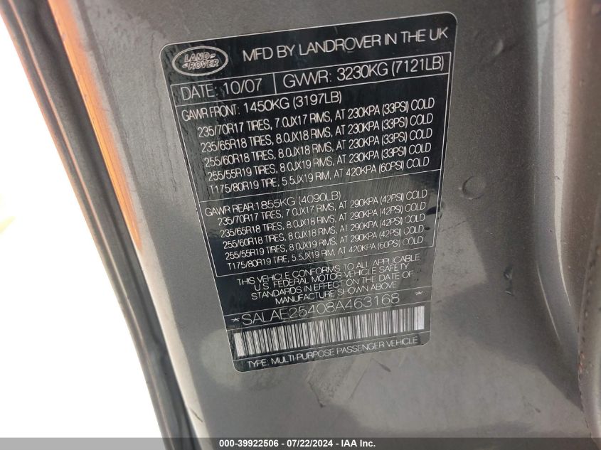2008 Land Rover Lr3 V8 Se VIN: SALAE25408A463168 Lot: 39922506