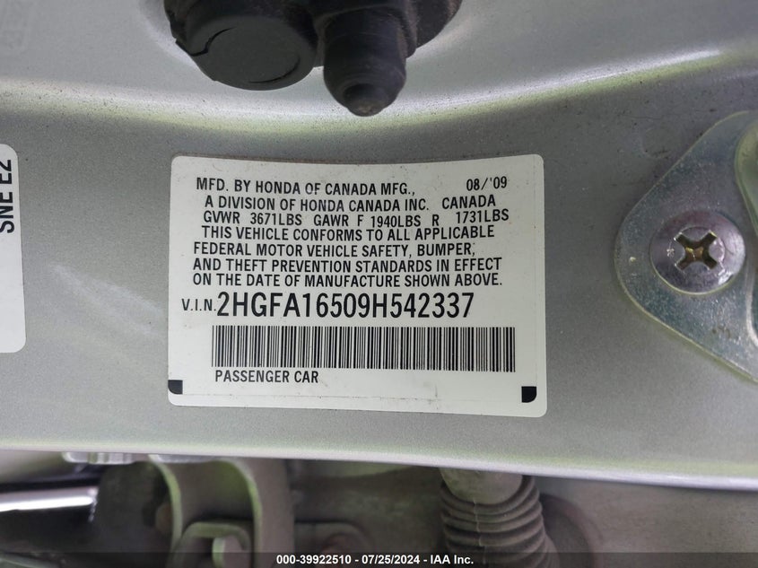2009 Honda Civic Lx VIN: 2HGFA16509H542337 Lot: 39922510
