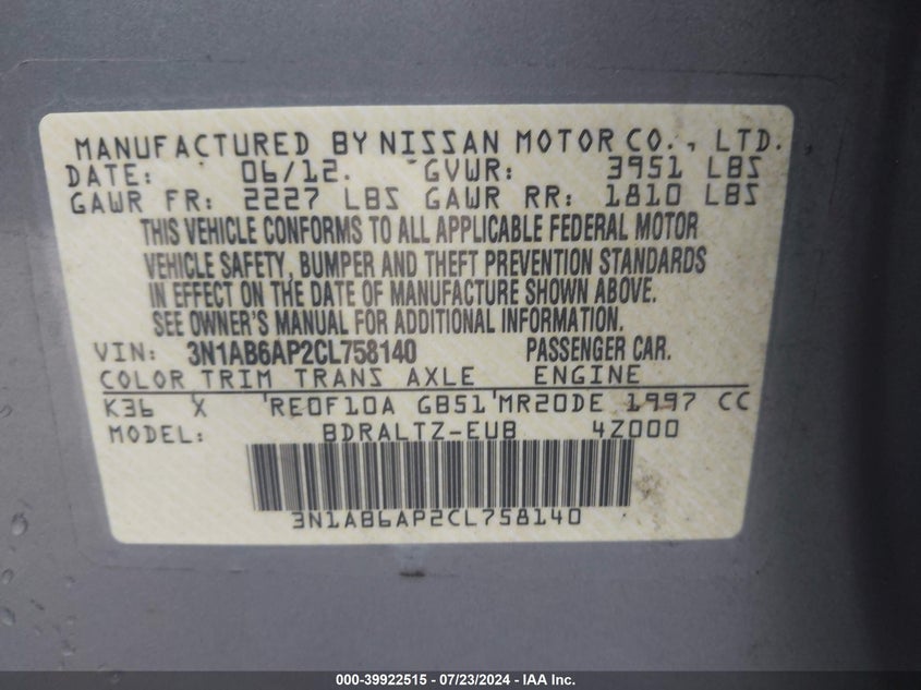 2012 Nissan Sentra 2.0 S VIN: 3N1AB6AP2CL758140 Lot: 39922515