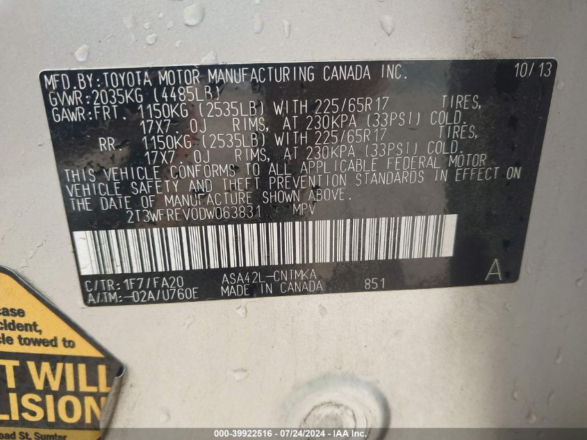 2013 Toyota Rav4 Xle VIN: 2T3WFREV0DW063831 Lot: 39922516