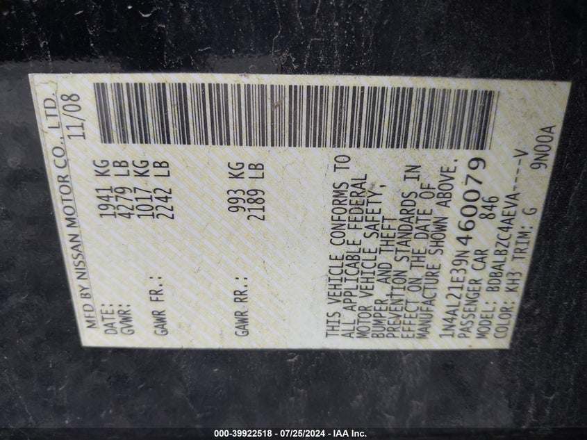 2009 Nissan Altima 2.5 S VIN: 1N4AL21E39N460079 Lot: 39922518