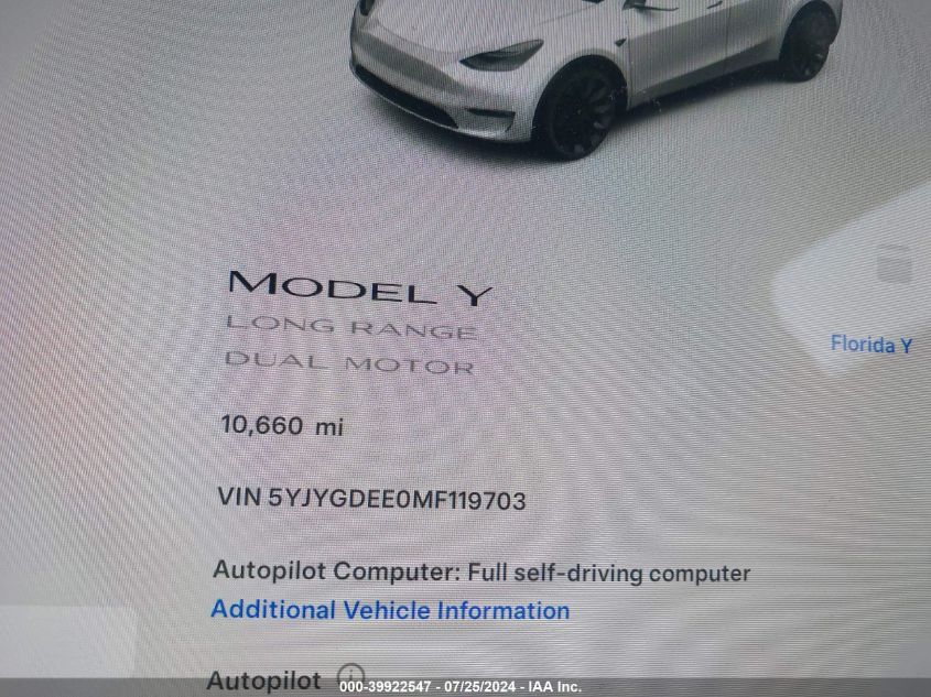 2021 Tesla Model Y VIN: 5YJYGDEE0MF119703 Lot: 39922547