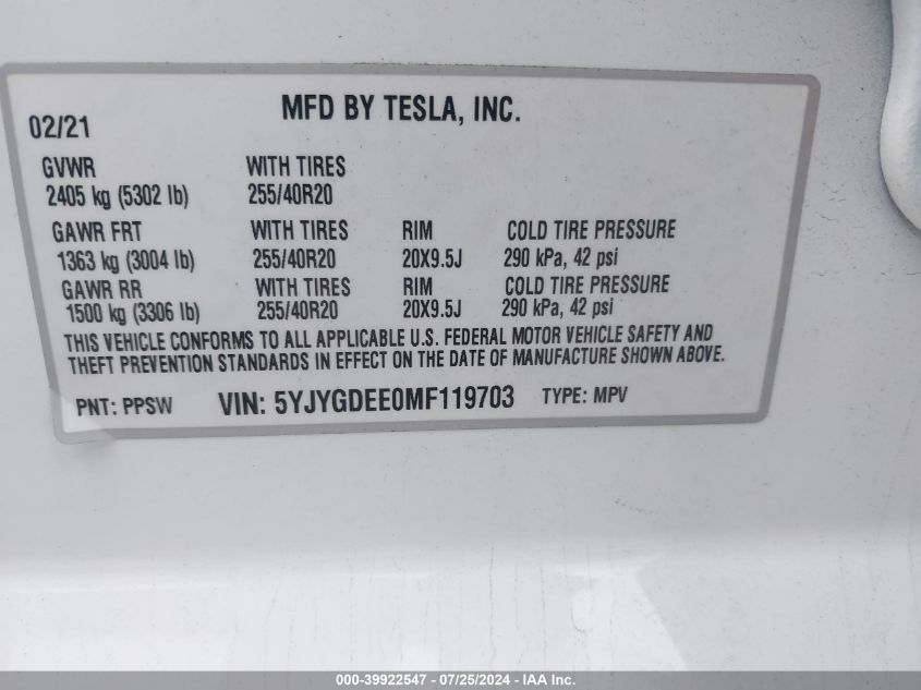 2021 Tesla Model Y VIN: 5YJYGDEE0MF119703 Lot: 39922547