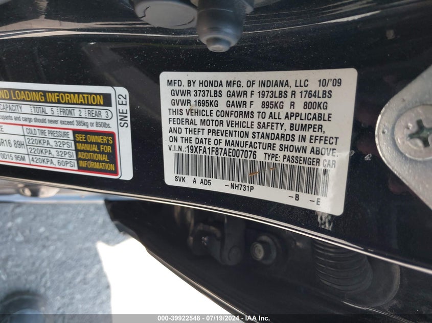 2010 Honda Civic Ex VIN: 19XFA1F87AE007076 Lot: 39922548