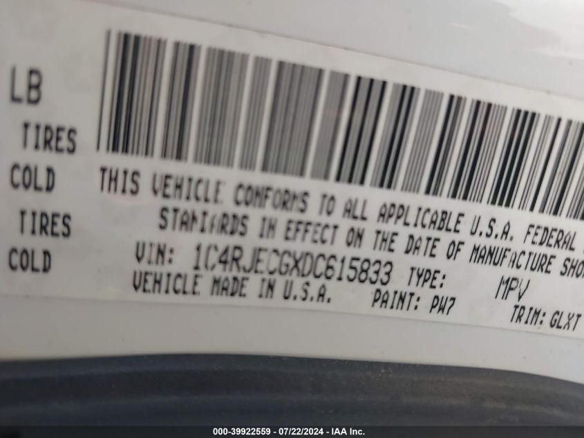 2013 Jeep Grand Cherokee Overland VIN: 1C4RJECGXDC615833 Lot: 39922559