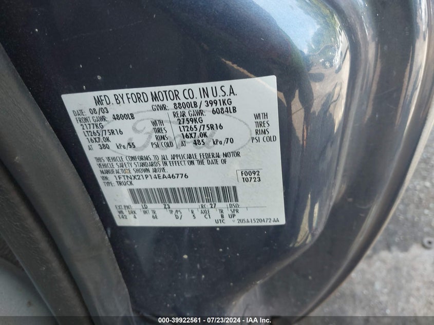 2004 Ford F250 Super Duty VIN: 1FTNX21P14EA46776 Lot: 39922561