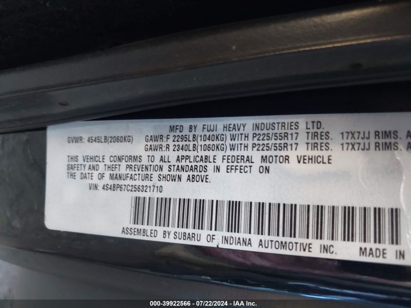 2005 Subaru Legacy Outback 2.5 Xt Limited VIN: 4S4BP67C256321710 Lot: 39922566