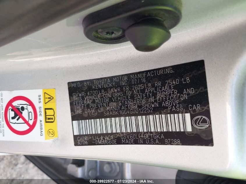 2016 Lexus Es 350 VIN: 58ABK1GG4GU012252 Lot: 39922577