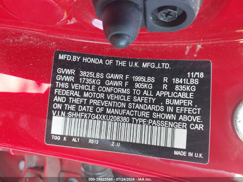 2019 Honda Civic Sport VIN: SHHFK7G4XKU208380 Lot: 39922580