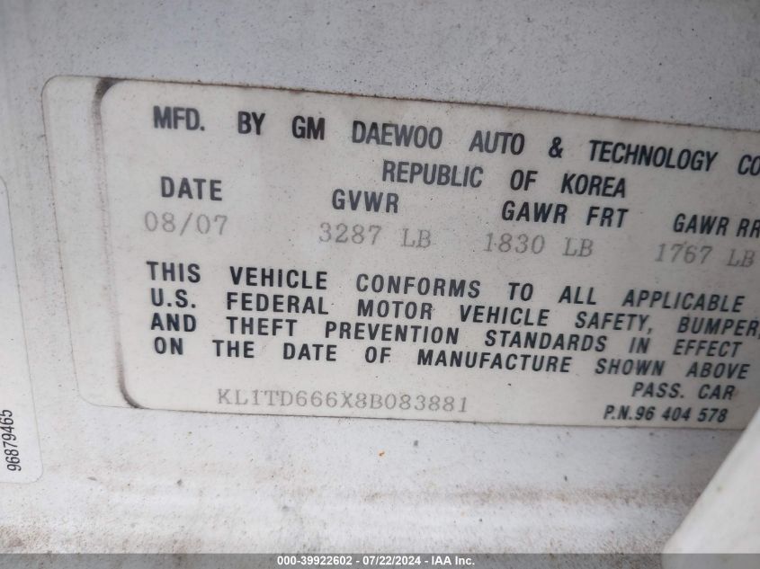 2008 Chevrolet Aveo 5 Ls VIN: KL1TD666X8B083881 Lot: 39922602
