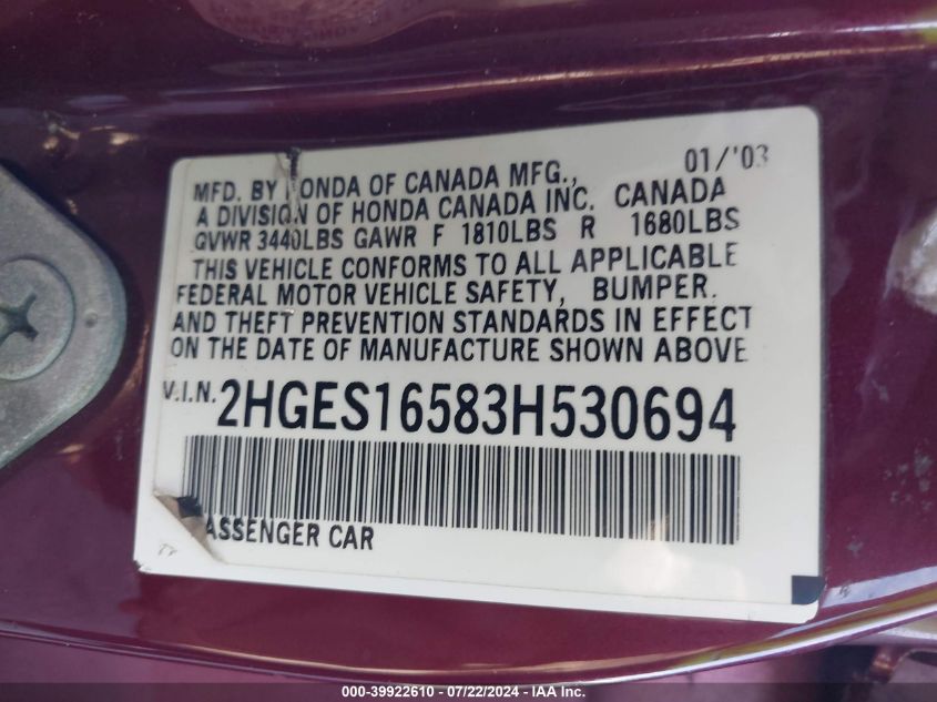 2003 Honda Civic Lx VIN: 2HGES16583H530694 Lot: 39922610