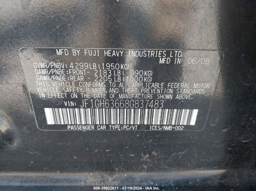 2008 Subaru Impreza Outback Sport VIN: JF1GH63668G837483 Lot: 39922611