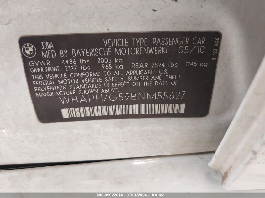 2011 BMW 328I VIN: WBAPH7G59BNM55627 Lot: 39922614