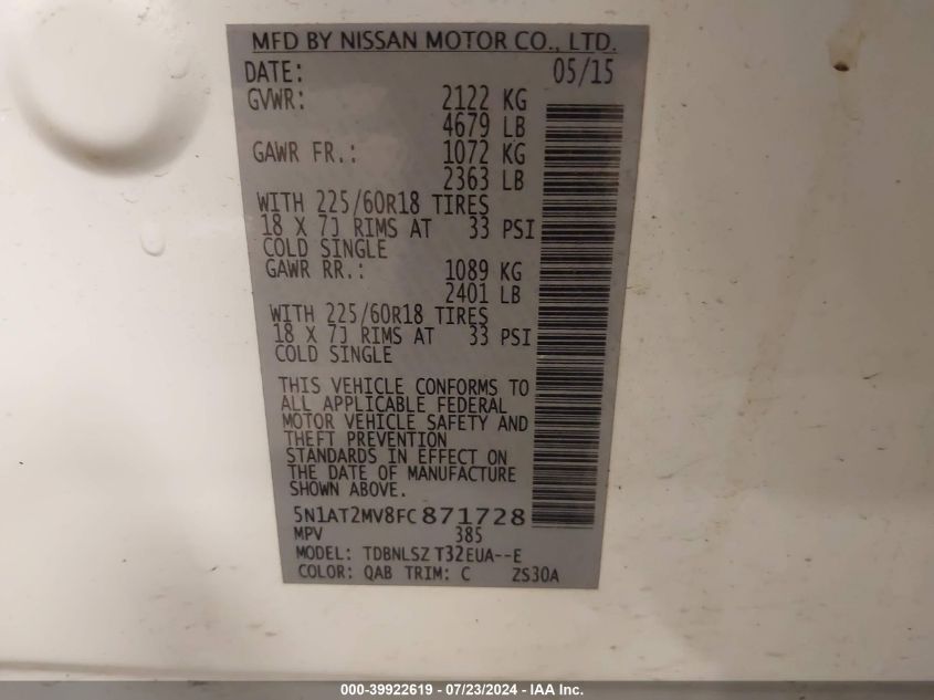 2015 Nissan Rogue Sl VIN: 5N1AT2MV8FC871728 Lot: 39922619