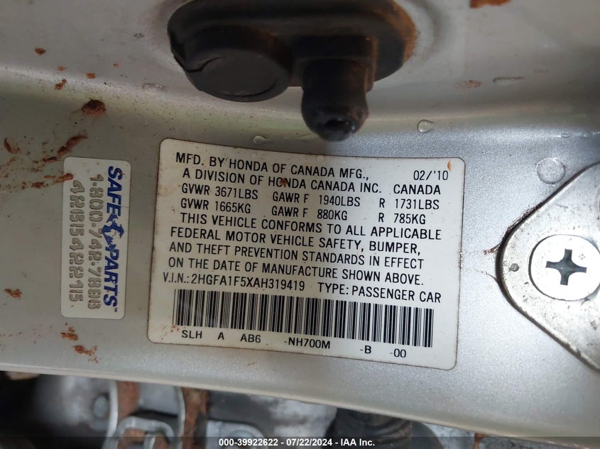 2010 Honda Civic Lx VIN: 2HGFA1F5XAH319419 Lot: 39922622