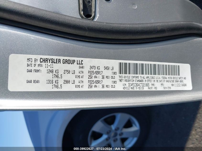 2012 Dodge Journey Sxt VIN: 3C4PDCBG4CT221865 Lot: 39922627