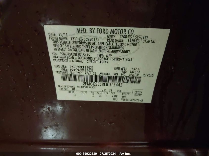 2012 Ford Flex Sel VIN: 2FMGK5CC8CBD15445 Lot: 39922629