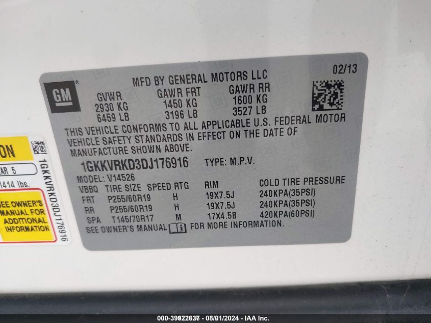 2013 GMC Acadia Slt-1 VIN: 1GKKVRKD3DJ176916 Lot: 39922637