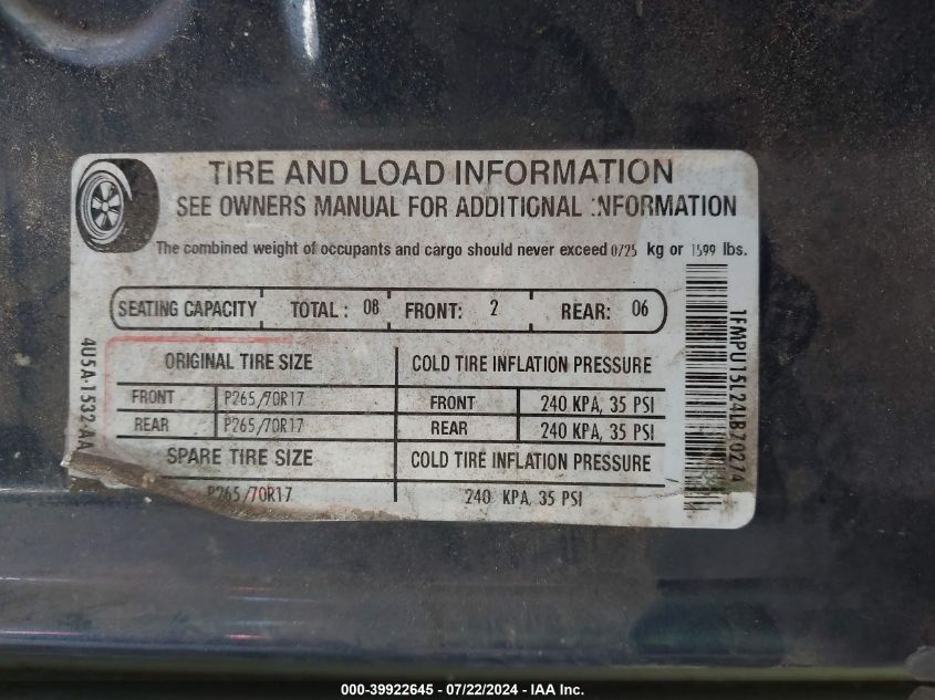 2004 Ford Expedition Xlt VIN: 1FMPU15L24LB70274 Lot: 39922645