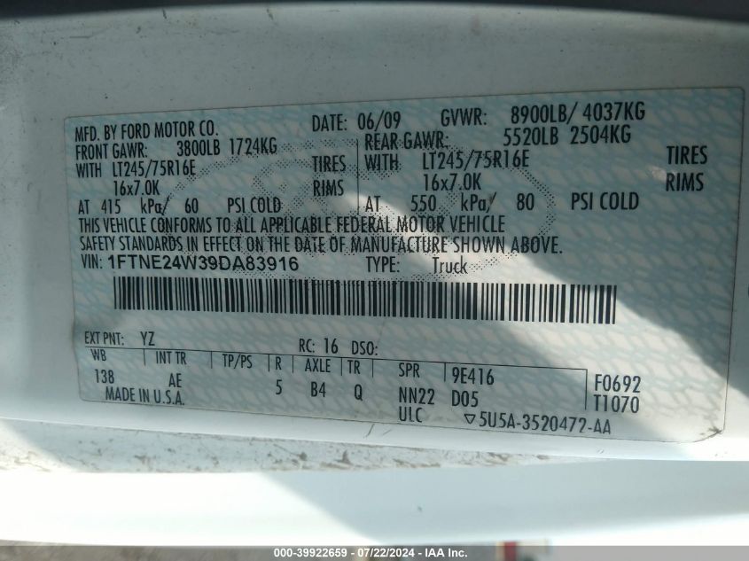2009 Ford E-250 Commercial/Recreational VIN: 1FTNE24W39DA83916 Lot: 39922659