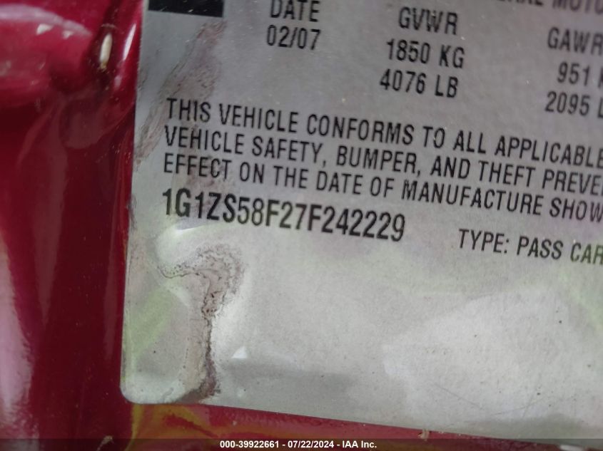 2007 Chevrolet Malibu Ls VIN: 1G1ZS58F27F242229 Lot: 39922661