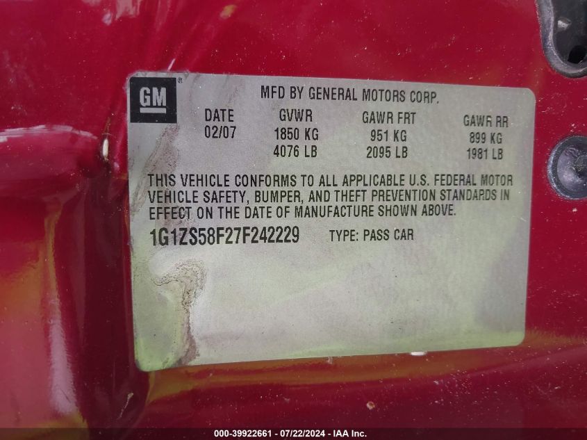 2007 Chevrolet Malibu Ls VIN: 1G1ZS58F27F242229 Lot: 39922661