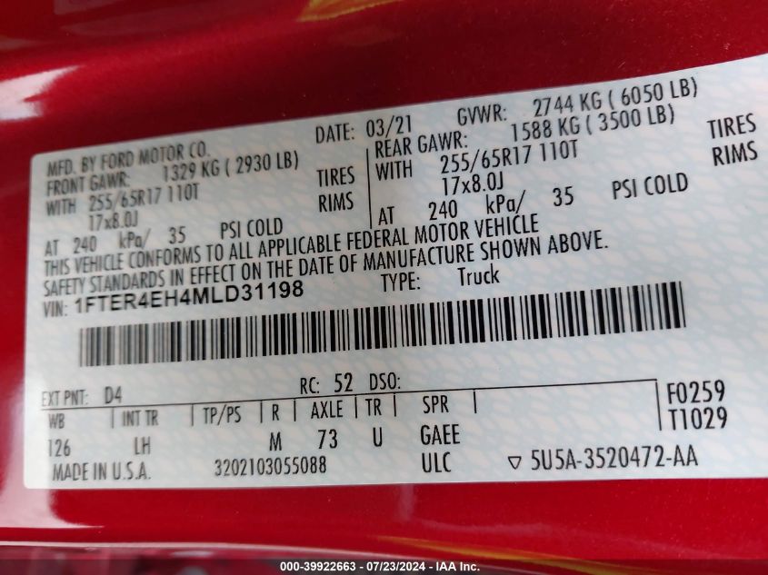 1FTER4EH4MLD31198 2021 Ford Ranger Xlt