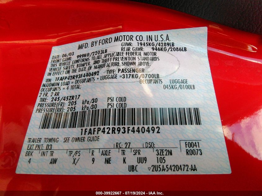 2003 Ford Mustang Mach 1 VIN: 1FAFP42R93F440492 Lot: 39922667