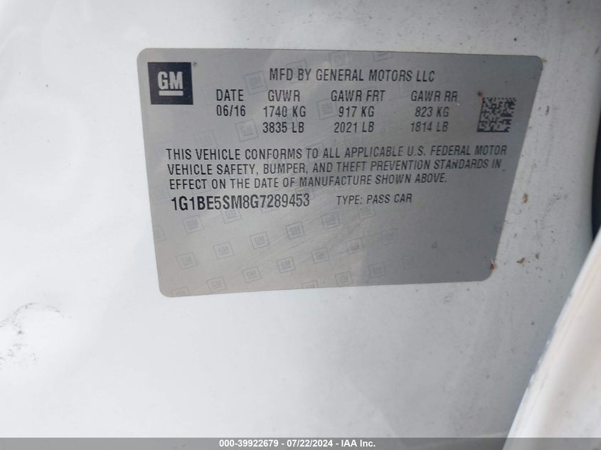 2016 CHEVROLET CRUZE LT AUTO - 1G1BE5SM8G7289453