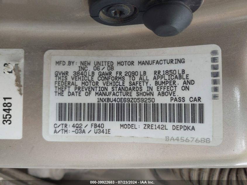 2009 Toyota Corolla S/Le/Xle VIN: 1NXBU40E69Z059250 Lot: 39922683