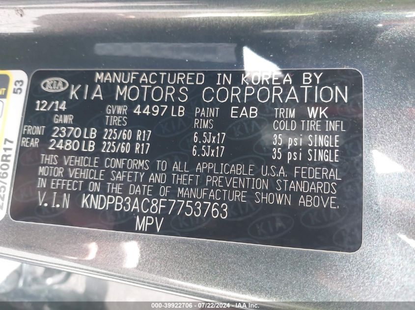 2015 Kia Sportage Lx VIN: KNDPB3AC8F7753763 Lot: 39922706