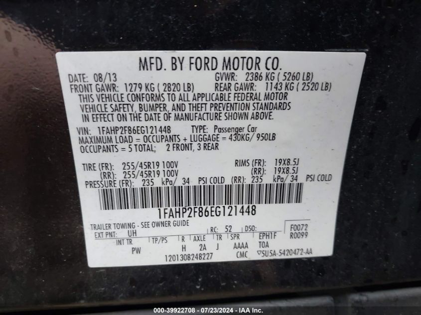 2014 FORD TAURUS LIMITED - 1FAHP2F86EG121448