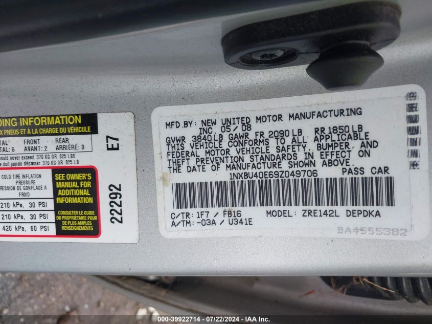 2009 Toyota Corolla Le VIN: 1NXBU40E69Z049706 Lot: 39922714