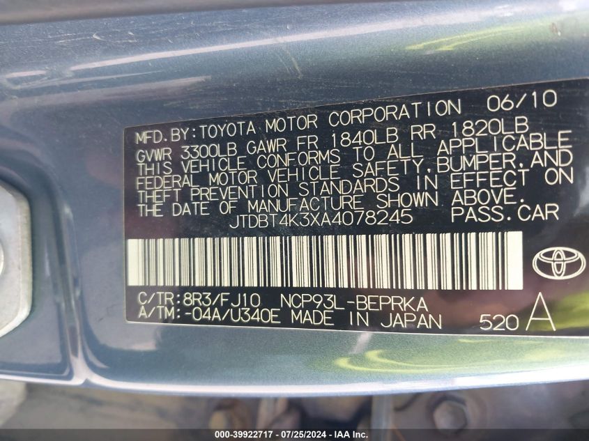 2010 Toyota Yaris VIN: JTDBT4K3XA4078245 Lot: 39922717