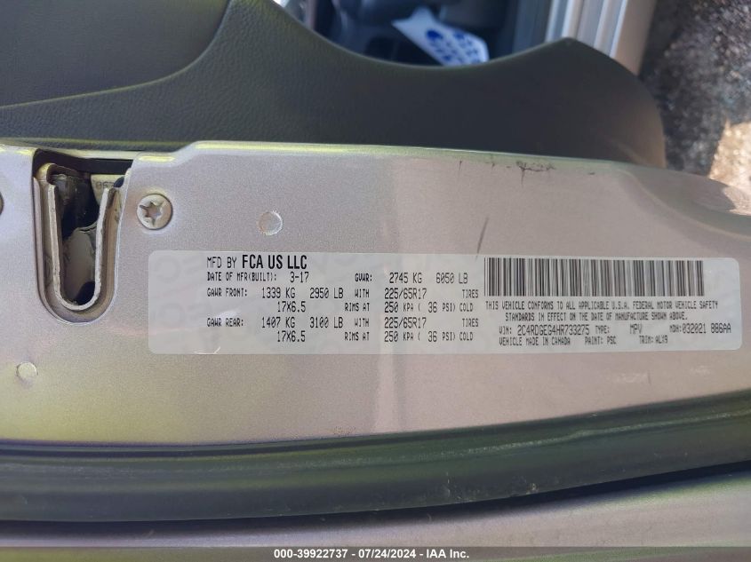 2017 Dodge Grand Caravan Gt VIN: 2C4RDGEG4HR733275 Lot: 39922737