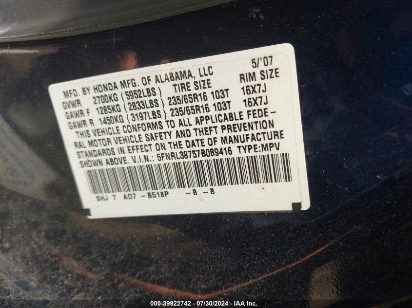 2007 Honda Odyssey Ex-L VIN: 5FNRL38757B089416 Lot: 39922742