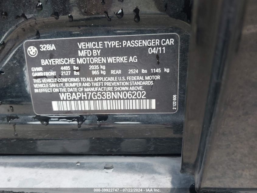 2011 BMW 328I VIN: WBAPH7G53BNN06202 Lot: 39922747