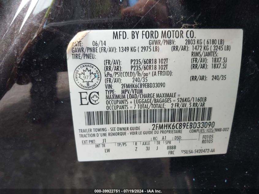 2014 Ford Flex Sel VIN: 2FMHK6C89EBD33090 Lot: 39922751