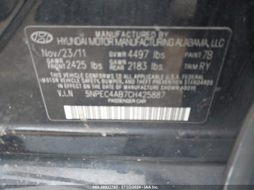 2012 Hyundai Sonata Se 2.0T VIN: 5NPEC4AB7CH425887 Lot: 39922763