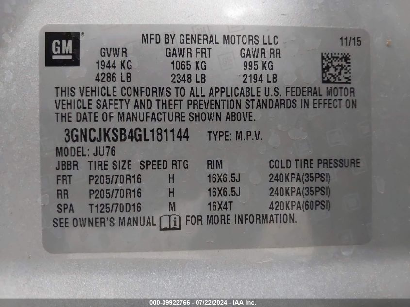 2016 Chevrolet Trax 1Ls VIN: 3GNCJKSB4GL181144 Lot: 39922766