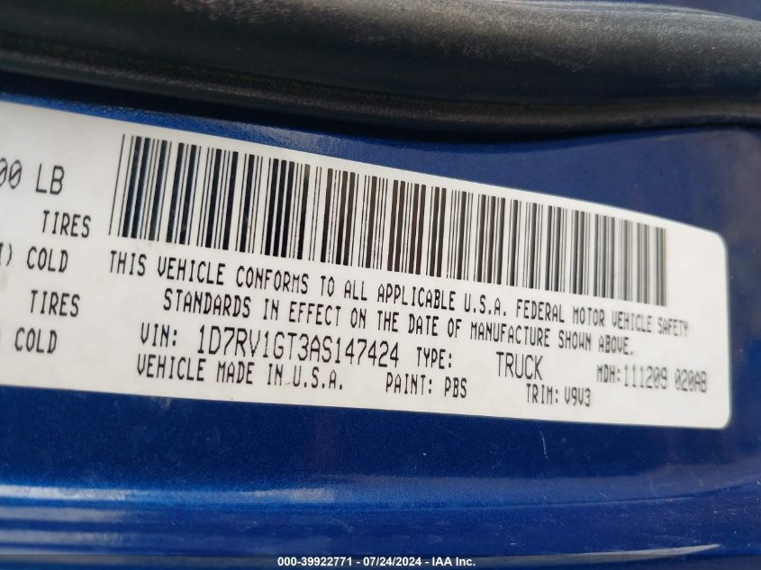 2010 Dodge Ram 1500 Slt/Sport/Trx VIN: 1D7RV1GT3AS147424 Lot: 39922771