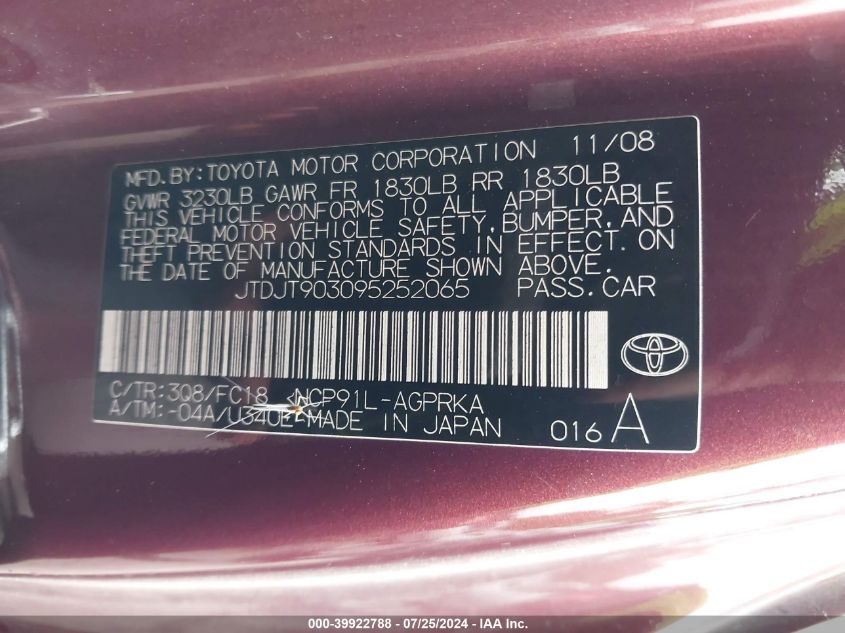 2009 Toyota Yaris VIN: JTDJT903095252065 Lot: 39922788