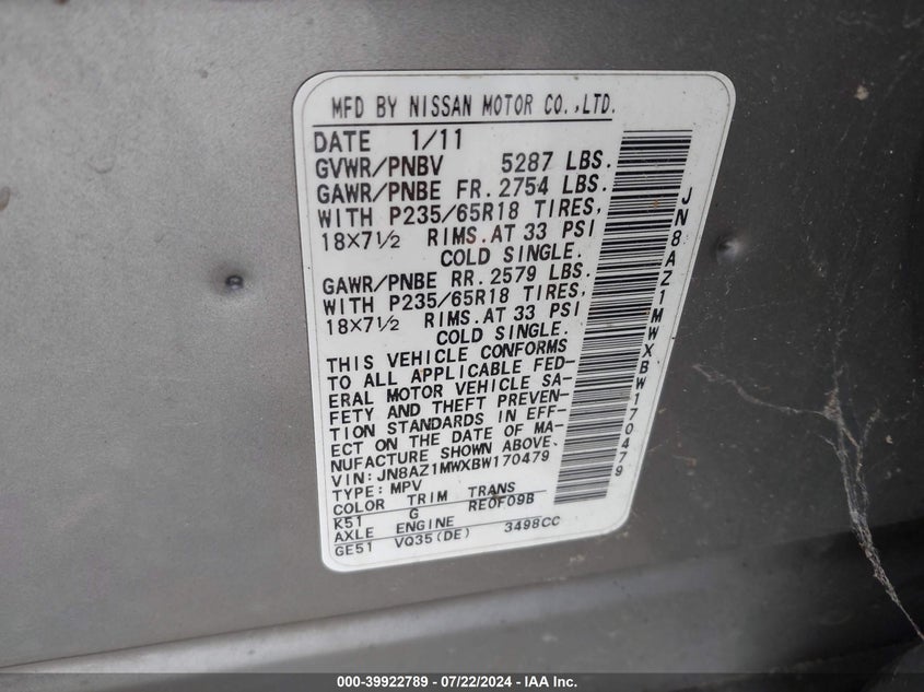 2011 Nissan Murano Sv VIN: JN8AZ1MWXBW170479 Lot: 39922789